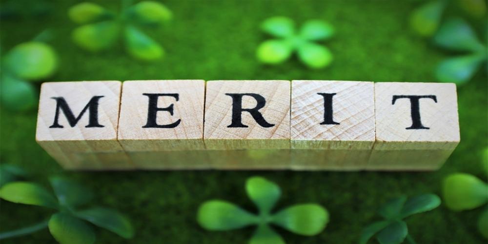 「MERIT」の文字が木製ブロックに印字され、緑のクローバーの上に並べられたイメージ写真