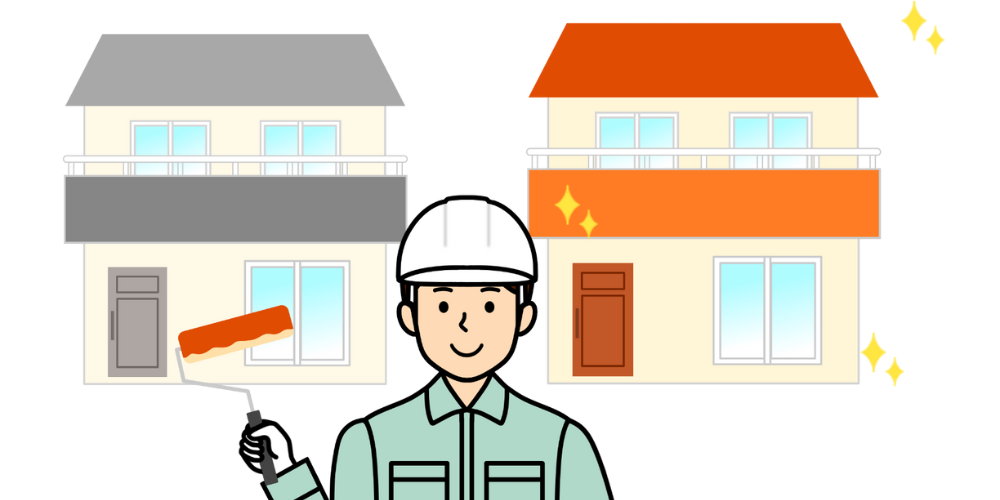 塗装前後の住宅と職人のイラスト