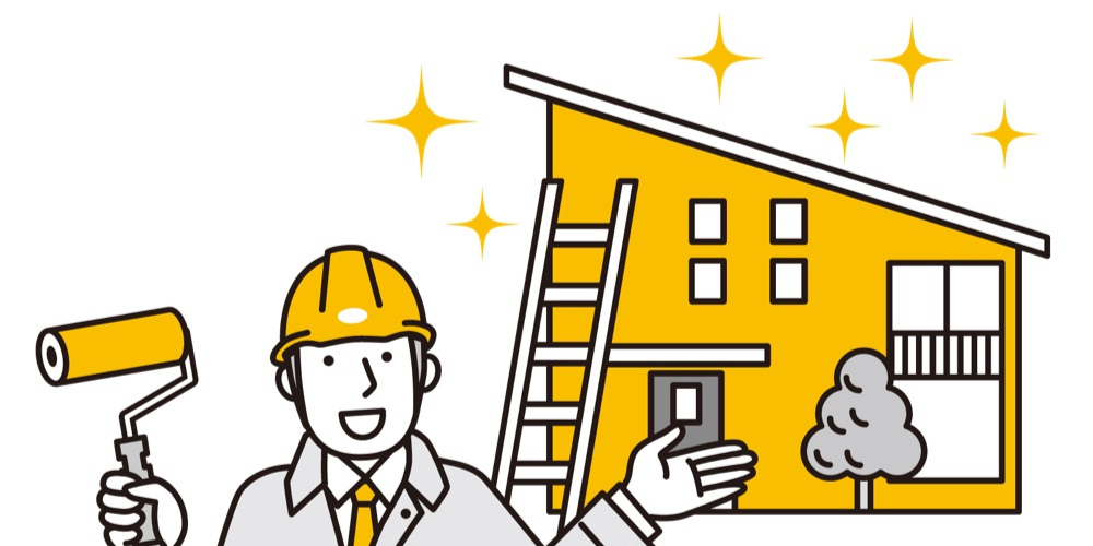 外壁塗装職人のイラストと塗装済みの家