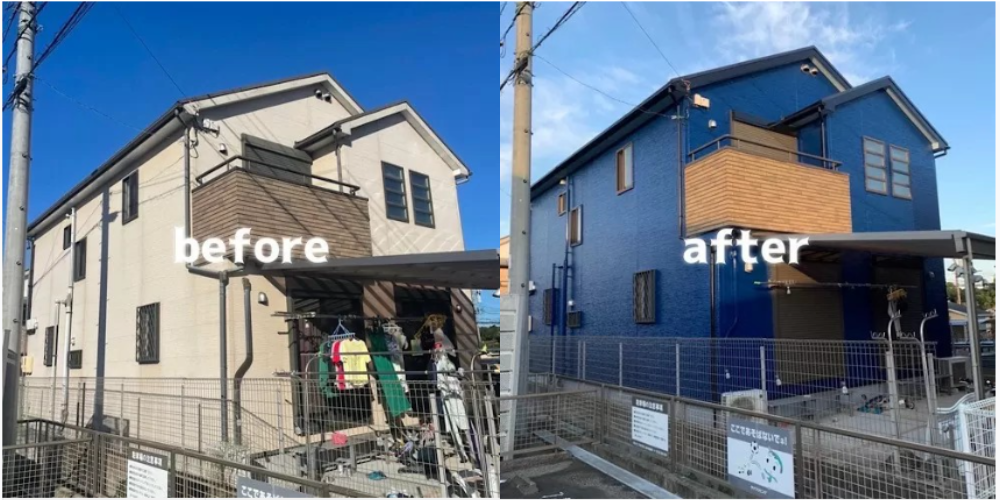左が施工前のベージュ外壁、右が施工後のネイビーブルー外壁の住宅を並べ、「before」「after」の文字が重ねられたビフォーアフター写真