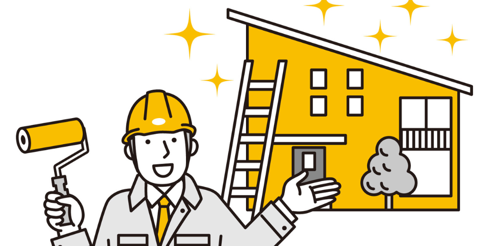家を紹介する塗装職人イラスト