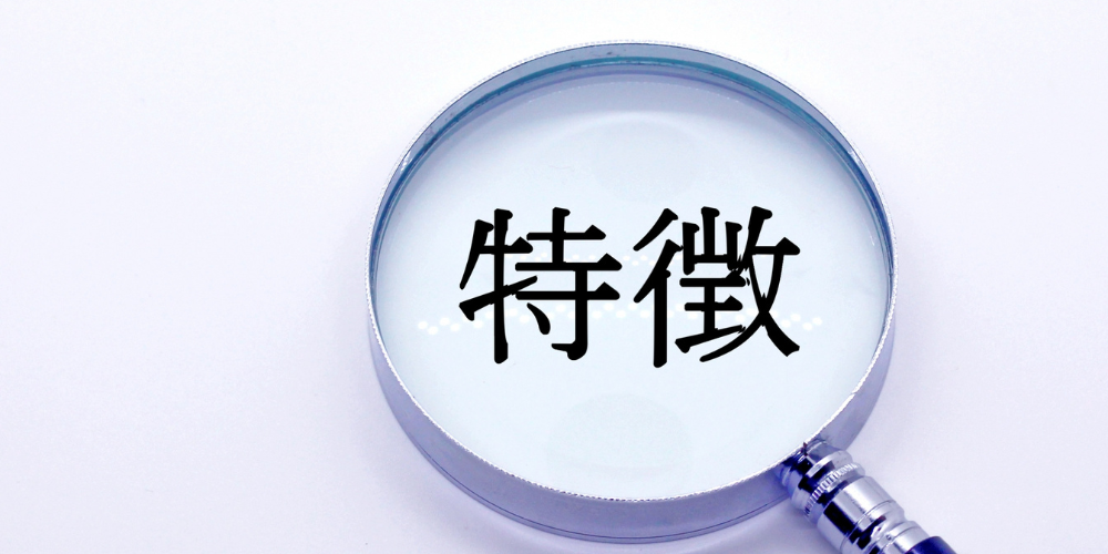 拡大鏡越しに「特徴」という黒字の文字がくっきり見える状態で、背景が白く光を反射している調査・検証イメージ画像
