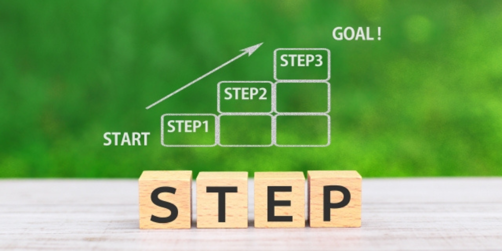「STEP」と書かれた木製ブロックと、スタートからゴールまでの手順図の画像