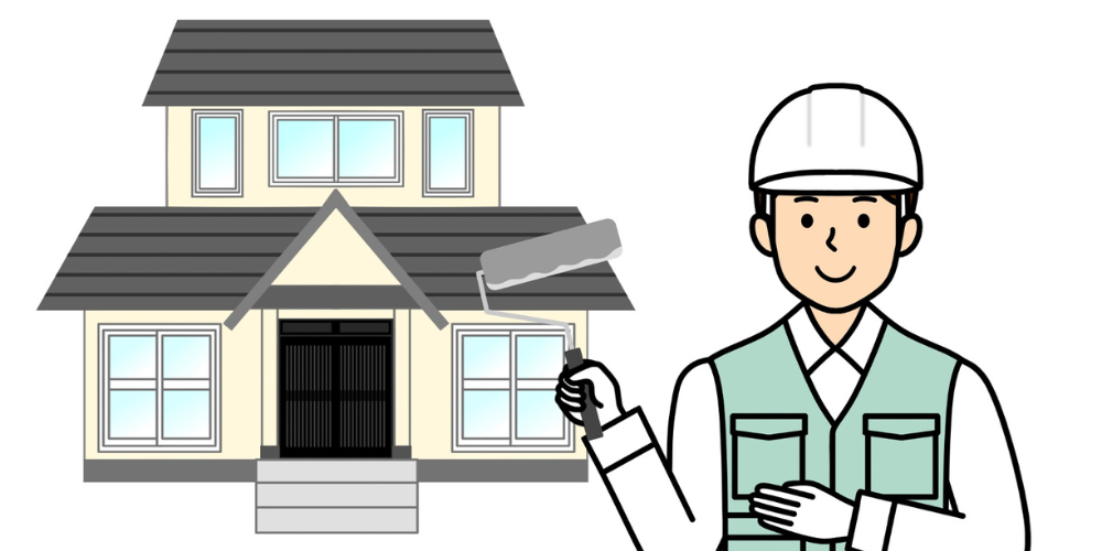 ペンキローラーを持った作業員と住宅のイラスト画像